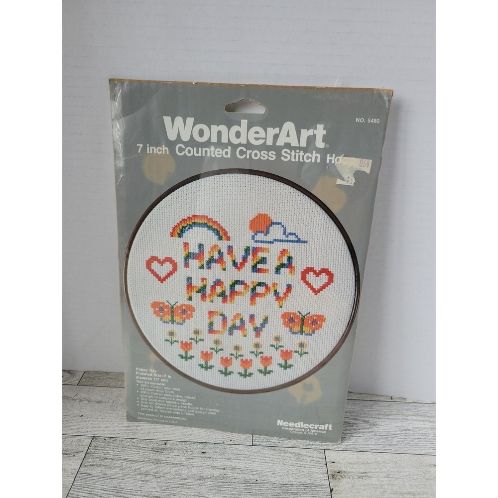 Vintage NOS WonderArt‎ Counted Cross Stitch Hoop Kit - Have A Happy Day MIP